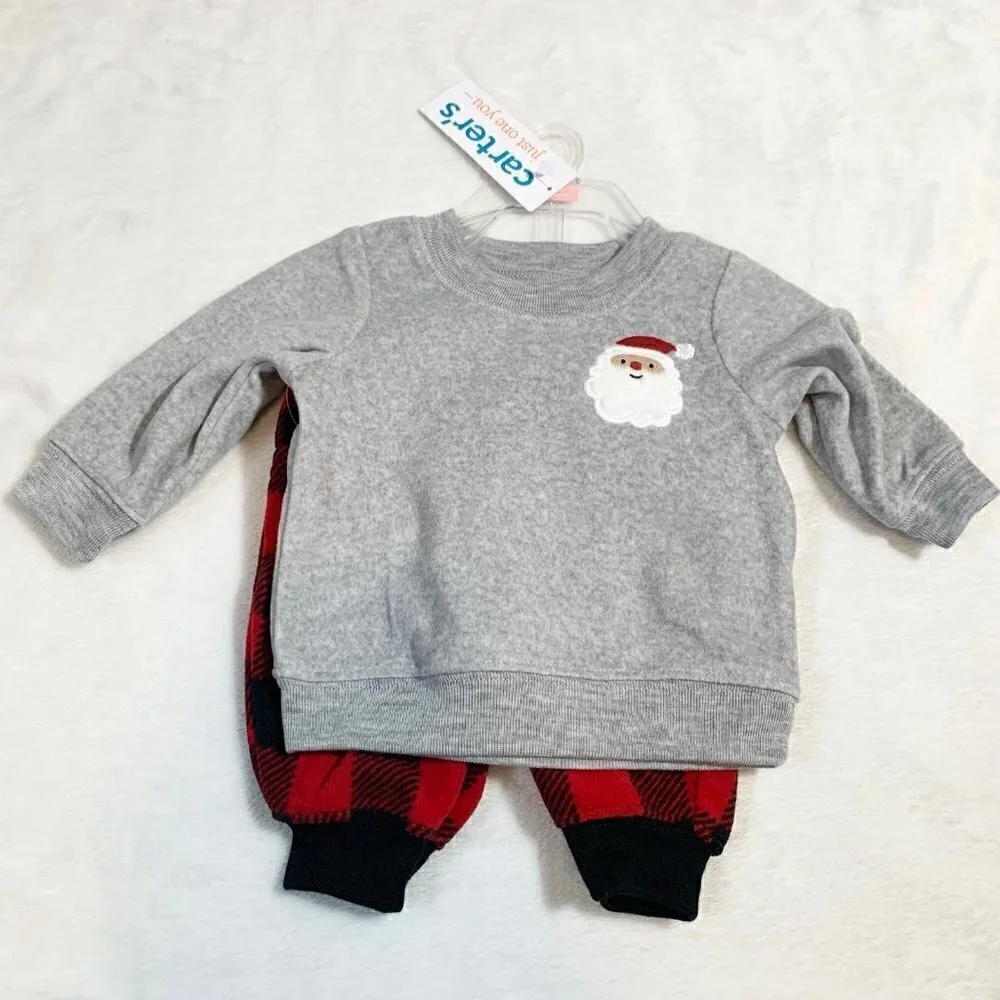 5/$25 NEW Carter's Newborn Santa Fleece Sweatshirt Buffalo Plaid Pants Set‎